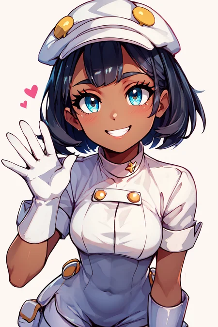 score_9, score_8_up, score_8, medium breasts, (curvy), cute, eyelashes, BREAK, , zzAether, dark skin, white cabbie hat, black hair, white uniform, white pantyhose, white gloves, <lora:Aether_Employee_Pokemon_PDXL_v1:0.8>, BREAK, looking at viewer, smile, waving, upper body, leaning forward, head tilt, embedding:zPDXL, Expressiveh, <lora:CatalystStylePDXL:0.6>, <lora:SDXLFaeTastic2400:0.5>, <lora:Expressive_H-000001:0.4>,