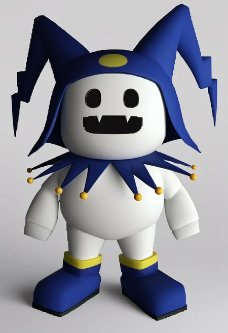 score_9, score_8_up, BREAK, solo, Jack Frost ((jackfrostsmt, creature, white skin, solid oval eyes, :d, fangs, jester cap, blue footwear,)), Final Fantasy VII overworld sprite ((ffviichibis, chibi, standing, full body, white background))