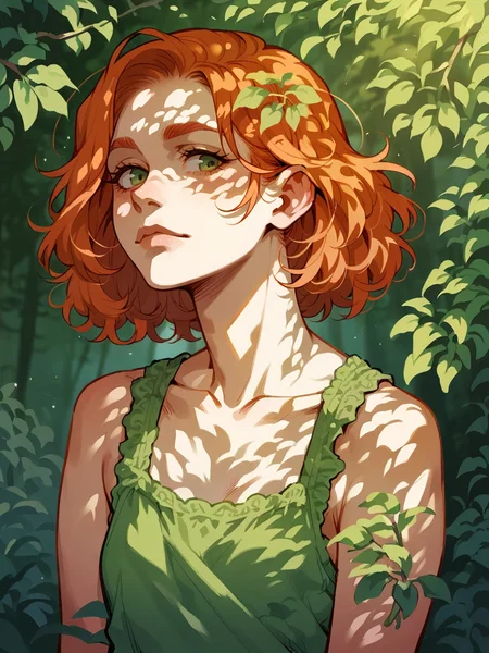 score_9, score_8_up, score_7_up, score_6_up, score_5_up, <lora:dappledlightXLP:1> dappled light, dappled sunlight, forest, 1girl, ginger hair