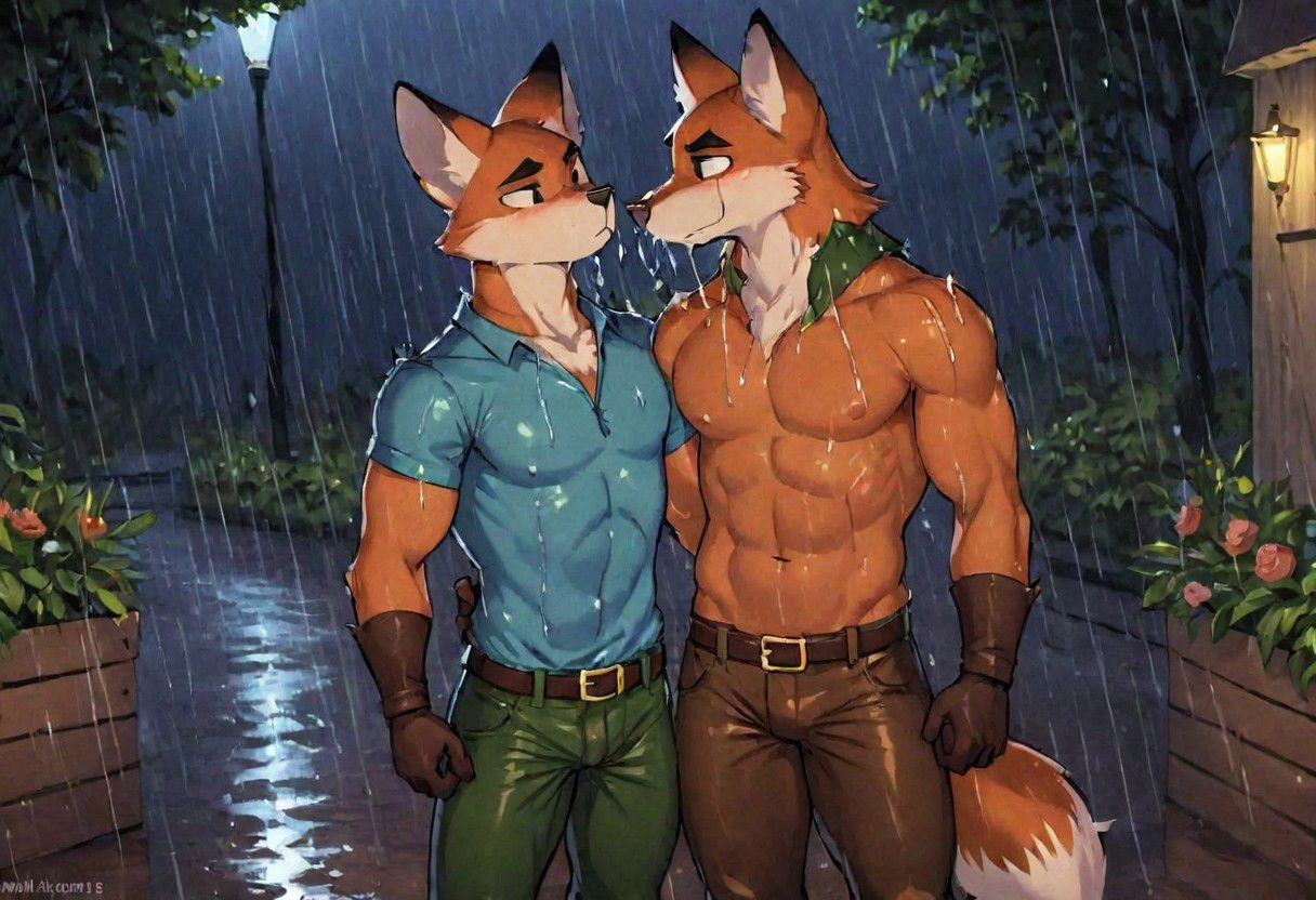 two characters, male focus, bara, anthro fox, tight blue tunic, brown belt, leather brown gloves, green tight pants, brown leather boots, chest hair, muscular, chest hair, rain dripping down body, closed eyes, kissing his gay fox boyfriend, emotional kiss, romantic