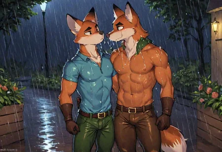 two characters, male focus, bara, anthro fox, tight blue tunic, brown belt, leather brown gloves, green tight pants, brown leather boots, chest hair, muscular, chest hair, rain dripping down body, closed eyes, kissing his gay fox boyfriend, emotional kiss, romantic