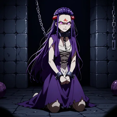 zPDXL3, score_9_up, score_8_up, score_7_up, (Anime_source), 1girl, standing, looking at viewer, angry, QueenGizelotte, purple eyes, purple hair, very long hair, lora:rags-ponyxl-lora-nochekaiser:1>, rags, ankle cuffs, ball and chain restraint, bdsm, chain, chained, collar, cuffs, dress, metal collar, restrained, shackles, slave, sleeveless, torn clothes, torn dress, crying, kneeling, glowing eyes, sinozick style, flat color, dark theme,