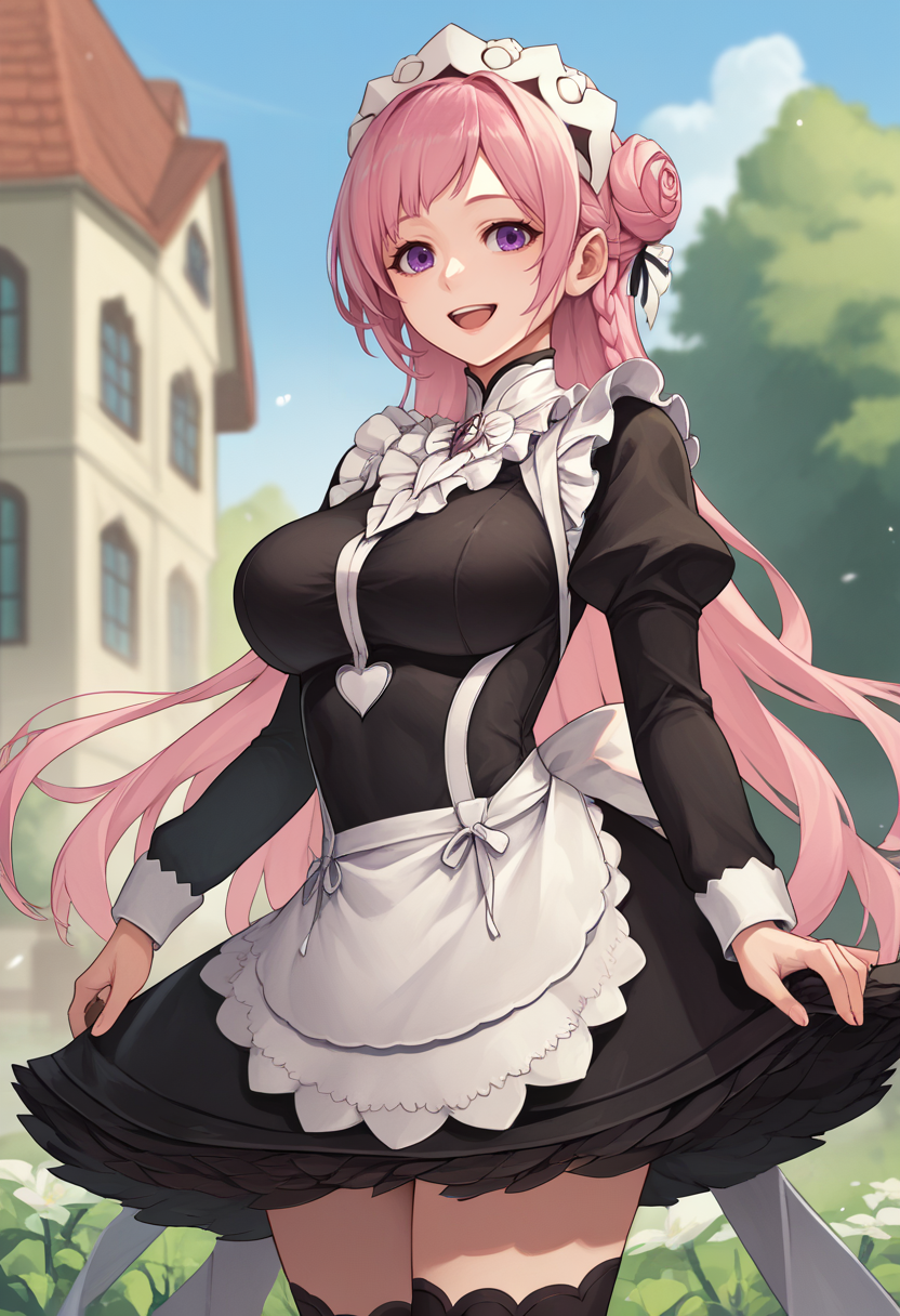 score_9, score_8_up, score_7_up, source_anime, BREAK 1girl, solo, <lora:fatesmaid-fe-richy-v1_pdxl:0.8> fates maid, maid headdress, maid apron, black thighhighs, <lora:dorothy-nikke-richy-v1_pdxl:0.8> dorothyrnd, pink hair, long hair, hair bun, braid, purple eyes, large breasts, standing, outdoors, smile, open mouth,