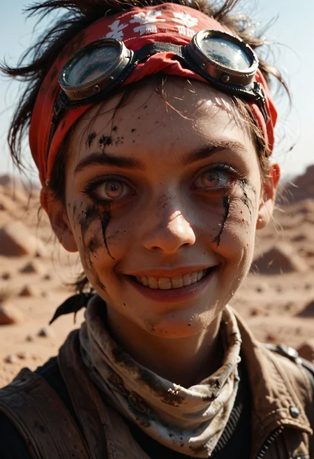 score_9, score_8_up, score_7_up, score_6_up,  close shot, dutch angle,  1girl,  russian,  kinny, punk style, pink short hair, goes cross-eyed, crazy smile, smudged makeup, goggles on bandana, color full, desert,(colorfull clothes:1.1), dirty, photo , dust particles <lora:Pony_Stylized_Dark_Ambience_-_SDA:0.666> dark atmosphere, glowy eyes, solo, looking at viewer,