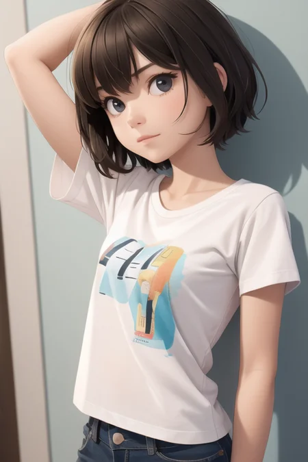 <lora:sam:0.63>, Girl, small breasts, short hair, nipples and t-shirt, (closeup:0.6)