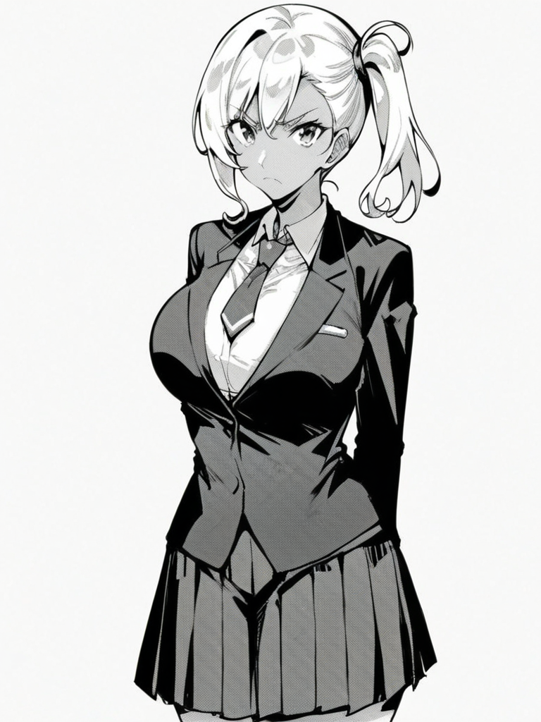 score_9, score_8_up, score_7_up, 
1girl, monochrome, tan, white hair, side ponytail, large breasts, 

frown, closed mouth, looking at viewer,

white shirt, blazer, necktie, pleated skirt, school uniform, arms behind back, white background, 