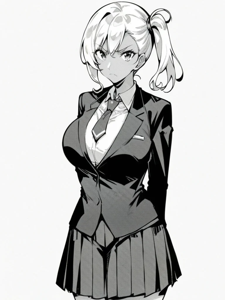 score_9, score_8_up, score_7_up, 
1girl, monochrome, tan, white hair, side ponytail, large breasts, 

frown, closed mouth, looking at viewer,

white shirt, blazer, necktie, pleated skirt, school uniform, arms behind back, white background, 