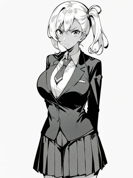 score_9, score_8_up, score_7_up,
1girl, monochrome, tan, white hair, side ponytail, large breasts,
frown, closed mouth, looking at viewer,
white shirt, blazer, necktie, pleated skirt, school uniform, arms behind back, white background,