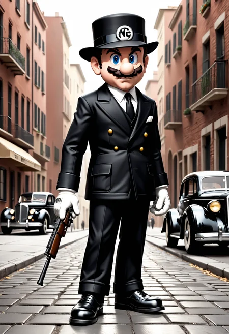 Mario (by nintendo), wearing a (black wool felt hat Fedora Mayfair 40's), black Dolce & Gabbana three-piece suit with white stripes, white shirt, ((black and white shoes style 40's), (the Thomson M1928 submachine gun with Camembert loader), inspired by the movie The Godfather, absurdity, high resolution,
digital art, 90s4n1m3