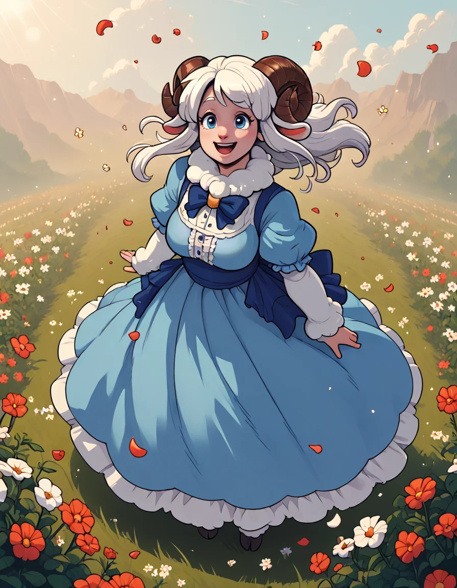 zPDXL3, score_9, score_8_up, score_7_up, score_6_up, solo, outdoors, field, flowers, sunbeam, sheep girl, neck tuft, white hair, sheep horns, blue eyes, blue dress, frills, puffy sleeves, ribbons, bowtie, long hair, lens flare, from above, happy, wind, petals, mature female, milf, <lora:cobatsart:1> , <lora:Skin_Softener:1>, <lora:zy_Detailed_Backgrounds_v1:1>,, <lora:Pony_QualityV4.0:1>, <lora:Pony_DetailV2.0:1>