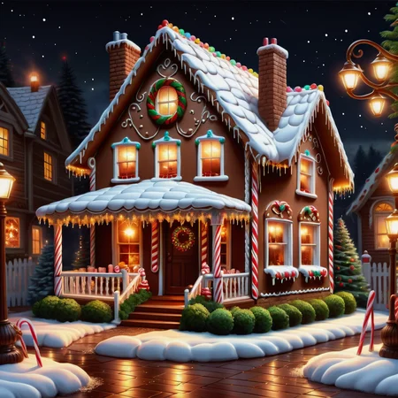 hyper detailed masterpiece, dynamic realistic digital art, awesome quality, gingerbread house art, fezziwig, lights,chocolate truffles, full of anticipation and excitement,cozy and comforting,sparkling and festive, vintage lighting, cozy evenings by the fireplace with hot cocoa