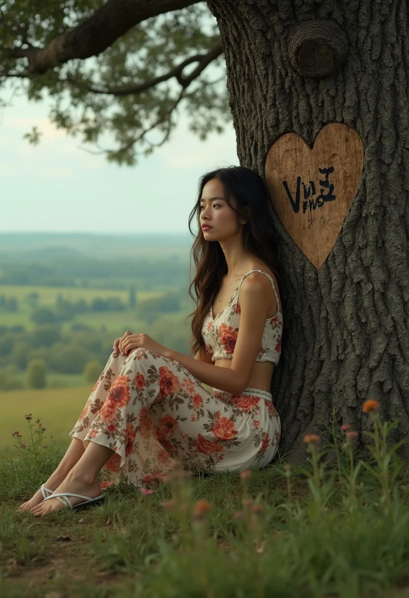 cinematography, realistic photograph, beautiful woman sits next to a large tree on a hill in a vast meadow, she is sad, tears fall down her cheek, she is looking out onto the distance. The tree has a carving of a heart and wording "V and L"
