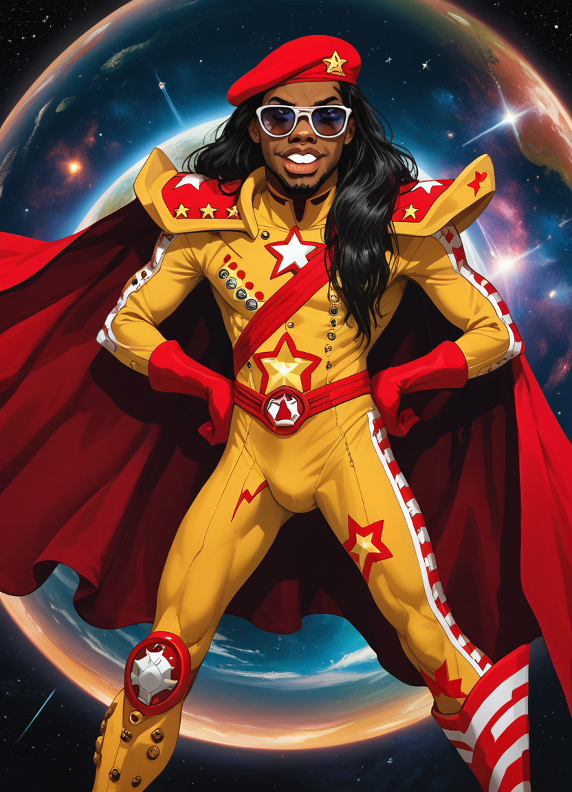 score_9, score_8_up, score_7_up, score_6_up, score_5_up, score_4_up, source_cartoon, the fonkey, 1boy, solo, male focus, long hair, black hair, red burette, red gloves, yellow bodysuit, red beret, red gloves, knee boots, red cape, looking at viewer, hands on own hips, space, star, sci-fi, dark skin, very dark skin, dark-skinned male, sunglasses, buck teeth, big lips, blackhole