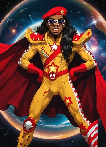 score_9, score_8_up, score_7_up, score_6_up, score_5_up, score_4_up, source_cartoon, the fonkey, 1boy, solo, male focus, long hair, black hair, red burette, red gloves, yellow bodysuit, red beret, red gloves, knee boots, red cape, looking at viewer, hands on own hips, space, star, sci-fi, dark skin, very dark skin, dark-skinned male, sunglasses, buck teeth, big lips, blackhole