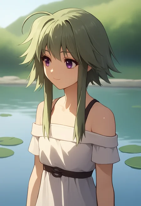 score_9, score_8_up, score_7_up,closed mouth, shiny skin, light smile,ohwx, solo, 1girl, purple_eyes, green_hair, short_hair_with_long_locks, sidelocks, ahoge,bare_shoulders, dress, sweater, off_shoulder, pond,<lora:mayumi_thyme_pony_sobsynapse-000005:1>