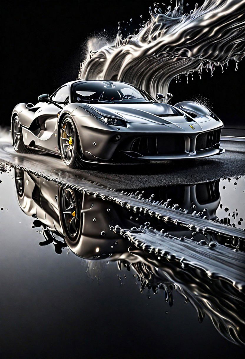 SILVER LIQUID METAL La Ferrari racing through LIQUID METAL,  Liquid metal sprays up from the cars tyres, drifting in a black void,