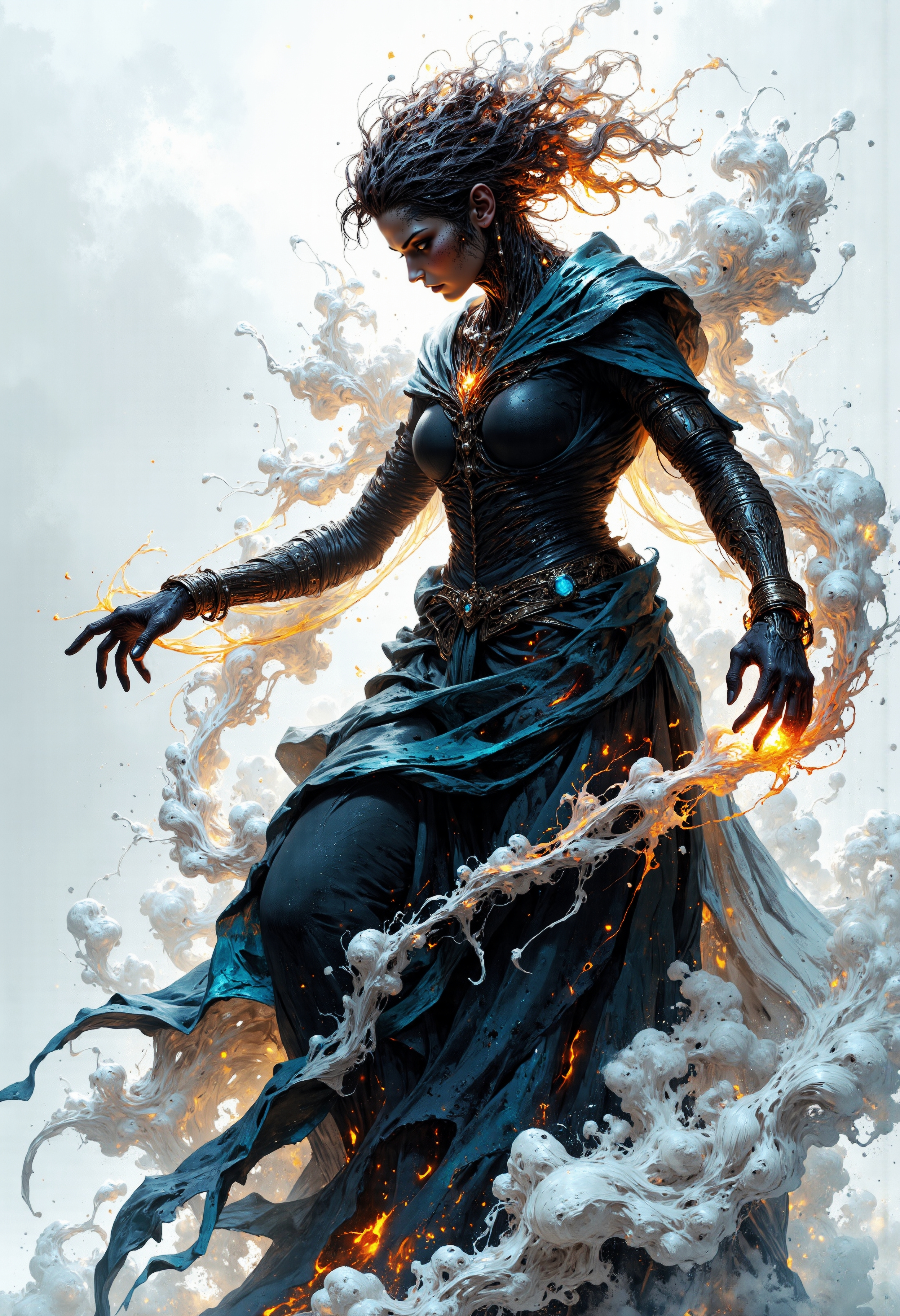A close up of an old woman figure partially emerging from swirling smoke . Background is completely white . Clothing and body are partially dissolving into ethereal smoke. Facial expression is calm and serene, eyes softly closed . Hairstyle is wild and disheveled, caught in wind with wisps of smoke . Figure positioned in an abstract, undefined space with swirling smoke patterns . Pose is graceful and balletic, arms extending with smoke trails following movement . Clothing details are ethereal wrappings glowing faintly, with glowing embers swirling around. Scene elements include mist taking abstract shapes . Style is impressionistic, abstract smoke movements. Lighting is dramatic, with rim lighting emphasizing silhouette. Background smoke-filled with faint hints of abstract geometric shapes. Smoke colors faint white, ghostly effect. Additional details subtle reflections, as if above water, with smoke trailing down. 