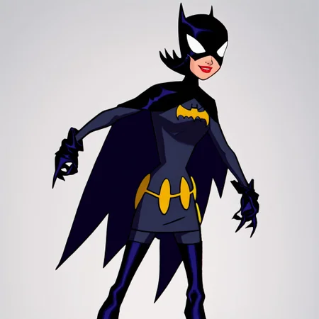 score_9, score_8_up, score_7_up, score_6_up, 1girl, full body shot, looking at viewer, solo, simple background, white background, action pose, cassandra-wayne, asian, chinese, Batgirl-outfit, black cape, white eyes, mask
Score_9, Score_8_up, Score_7_up, Score_6_up, Score_5_up, Score_4_up, source_cartoon,batgirl,1girl,solo,smile,mask,white eyes,no pupils,black hair,lipstick,red lips,black cape,bat print, black bodysuit,utility belt,black gloves,skirt,boots,CG unity 8k wallpaper,