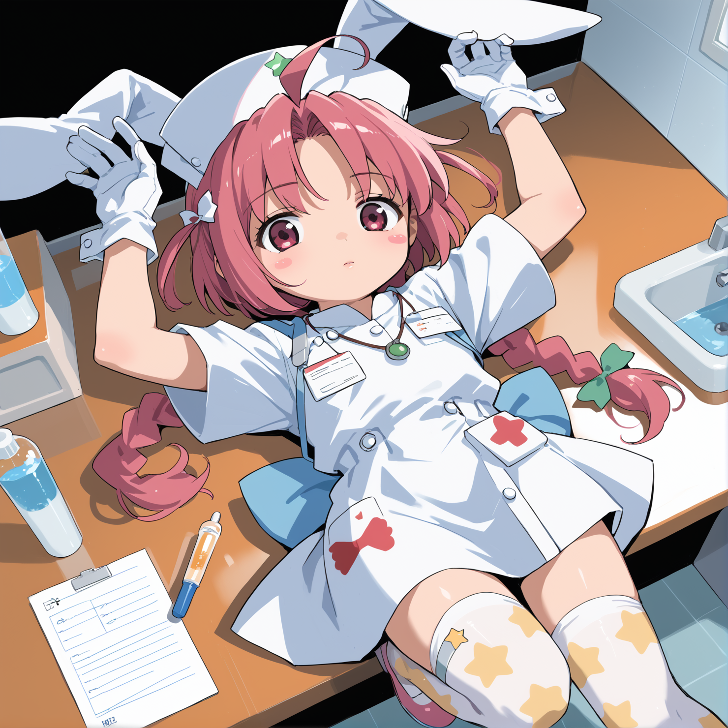 PonyScores7, source_anime, ah1, 1girl, lips, bad-hands-5, <lora:xl_more_art-full_v1:0.2>, <lora:shinyskin2:0.2> glistening skin, <lora:aesthetic_anime_v1s:0.2>, <lora:Expressive_H:0.2> Expressiveh, <lora:hairdetailpxl:0.2> hairdetailpxl, <lora:EpicF4nta5yXL:0.2>, <lora:detailxl:0.2> detailxl, <lora:Fant5yP0ny:0.2>, best quality, amazing quality, best aesthetic, absurdres, <lora:expressive eyes:0.2> expressive eyes, <lora:eyedetailpxl:0.2> eyedetailpxl, illustration, Volumetric_Lighting, ultra-detailed, very aesthetic, intricate details, 8k, masterpiece, best_quality, (amused), (Dutch Angle view Close shot (focus on waist)), (Doctor Examination Room, Clinical space with an adjustable examination table at its center, a rolling stool for the physician, cabinets stocked with medical supplies and instruments, a sink with hand sanitizer dispenser nearby, a computer workstation against the wall), (A woman lying on her back with one leg bent and the other stretched out, her hands above her head), <lora:Eyes_High_Definition:0.3> EyesHD, looking at viewer,  Stable_Yogis_PDXL_Positives, AS-Adult, <lora:nakahara_komugi_pony_v1:0.8> nakahara_komugi, pink hair,hat, animal ears, braid, pink eyes, ahoge, long hair, rabbit ears, wings, star print, jewelry, star (symbol), dress, white gloves, stickers, zettai ryouiki, print thighhighs, winged footwear,