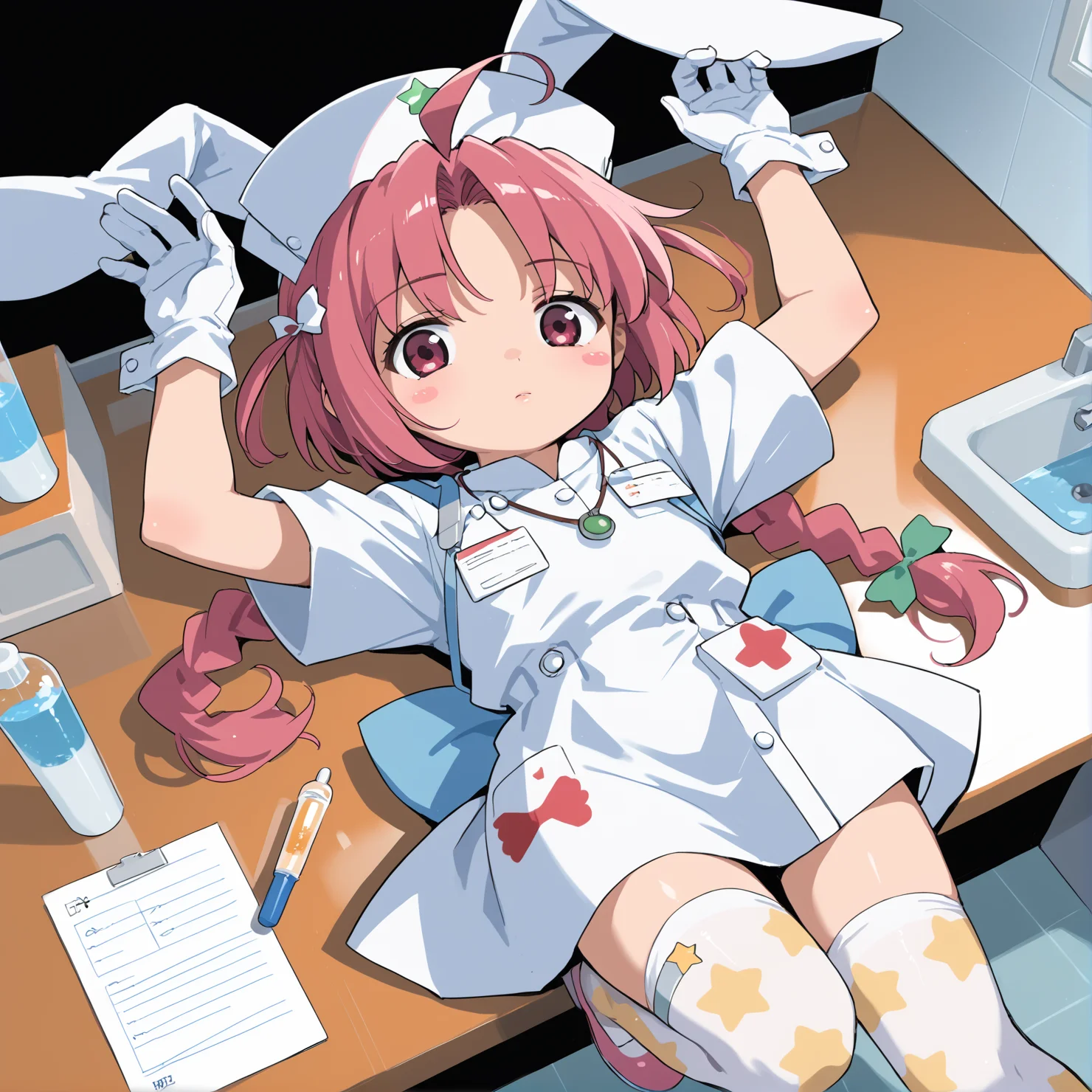 PonyScores7, source_anime, ah1, 1girl, lips, bad-hands-5, <lora:xl_more_art-full_v1:0.2>, <lora:shinyskin2:0.2> glistening skin, <lora:aesthetic_anime_v1s:0.2>, <lora:Expressive_H:0.2> Expressiveh, <lora:hairdetailpxl:0.2> hairdetailpxl, <lora:EpicF4nta5yXL:0.2>, <lora:detailxl:0.2> detailxl, <lora:Fant5yP0ny:0.2>, best quality, amazing quality, best aesthetic, absurdres, <lora:expressive eyes:0.2> expressive eyes, <lora:eyedetailpxl:0.2> eyedetailpxl, illustration, Volumetric_Lighting, ultra-detailed, very aesthetic, intricate details, 8k, masterpiece, best_quality, (amused), (Dutch Angle view Close shot (focus on waist)), (Doctor Examination Room, Clinical space with an adjustable examination table at its center, a rolling stool for the physician, cabinets stocked with medical supplies and instruments, a sink with hand sanitizer dispenser nearby, a computer workstation against the wall), (A woman lying on her back with one leg bent and the other stretched out, her hands above her head), <lora:Eyes_High_Definition:0.3> EyesHD, looking at viewer, Stable_Yogis_PDXL_Positives, AS-Adult, <lora:nakahara_komugi_pony_v1:0.8> nakahara_komugi, pink hair,hat, animal ears, braid, pink eyes, ahoge, long hair, rabbit ears, wings, star print, jewelry, star (symbol), dress, white gloves, stickers, zettai ryouiki, print thighhighs, winged footwear,