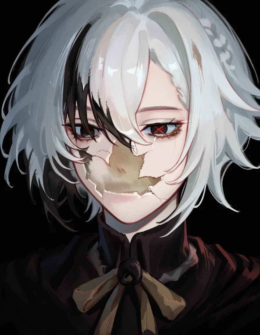 score_9, score_8_up, score_7_up, source_anime, upper body, solo, black background, 1girl, CoverMadrabyNewDad, eveyuno, <lora:CoverMadrabyNewDad:1>, black eyes, red pupils, symbol-shaped pupils, x-shaped pupils, short hair, black hair, white hair, multicolored hair, streaked hair, bangs, hair between eyes, teenperuere, <lora:Peruere_Snezhevna__Young_Arlecchino_Genshin_Impact:1>