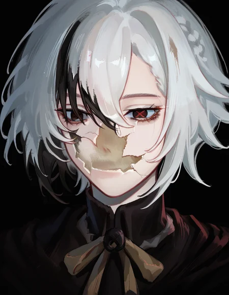 score_9, score_8_up, score_7_up, source_anime, upper body, solo, black background, 1girl, CoverMadrabyNewDad, eveyuno, <lora:CoverMadrabyNewDad:1>, black eyes, red pupils, symbol-shaped pupils, x-shaped pupils, short hair, black hair, white hair, multicolored hair, streaked hair, bangs, hair between eyes, teenperuere, <lora:Peruere_Snezhevna__Young_Arlecchino_Genshin_Impact:1>