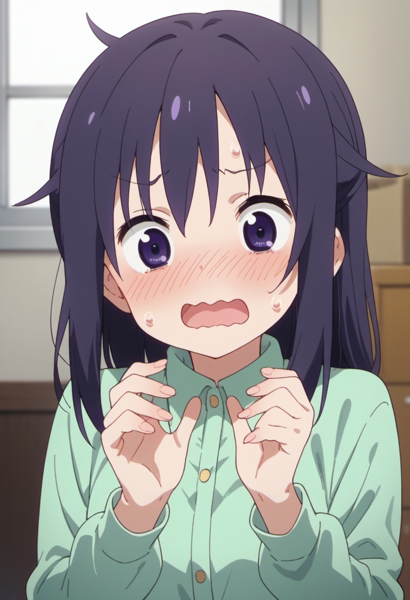 score_9, score_8_up, score_7_up, source_anime, kirie motoba, dark purple hair, dark purple eyes, long hair, 1girl, solo, wavy mouth, blush, open mouth, hands up, shirt, indoors, anime coloring, upper body, sweat, green shirt