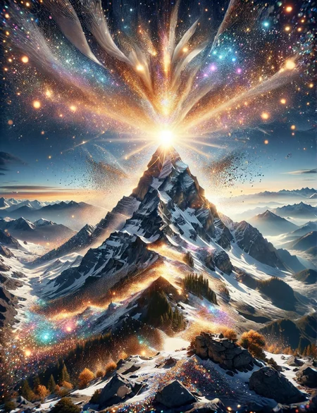 A ais-glttrbmb peak of a majestic mountain, its summit aglow with the golden hues of sunrise, casting a serene light over the world below <lora:ais-glttrbmb-sdxl:1>