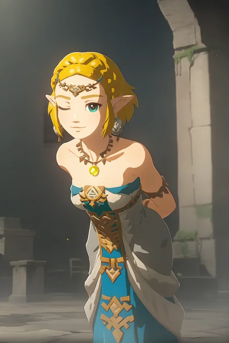 score_9, score_8_up, score_7_up, score_6_up, score_5_up, score_4_up, BREAK source_anime, 1girl, solo,
<lora:ZeldaXL-v2-07:1.0>, ChopioZelda, blonde hair, aqua eyes, pointy ears, looking at viewer, 
medium breasts, 
short hair, crown braid, sidelocks,
outfit_3, circlet, grey dress, strapless dress, earrings, necklace, gem, yellow gem, bare shoulders, armlet, bracelet,
ruins, dark, night, arms behind back, leaning forward, smug, one eye closed,