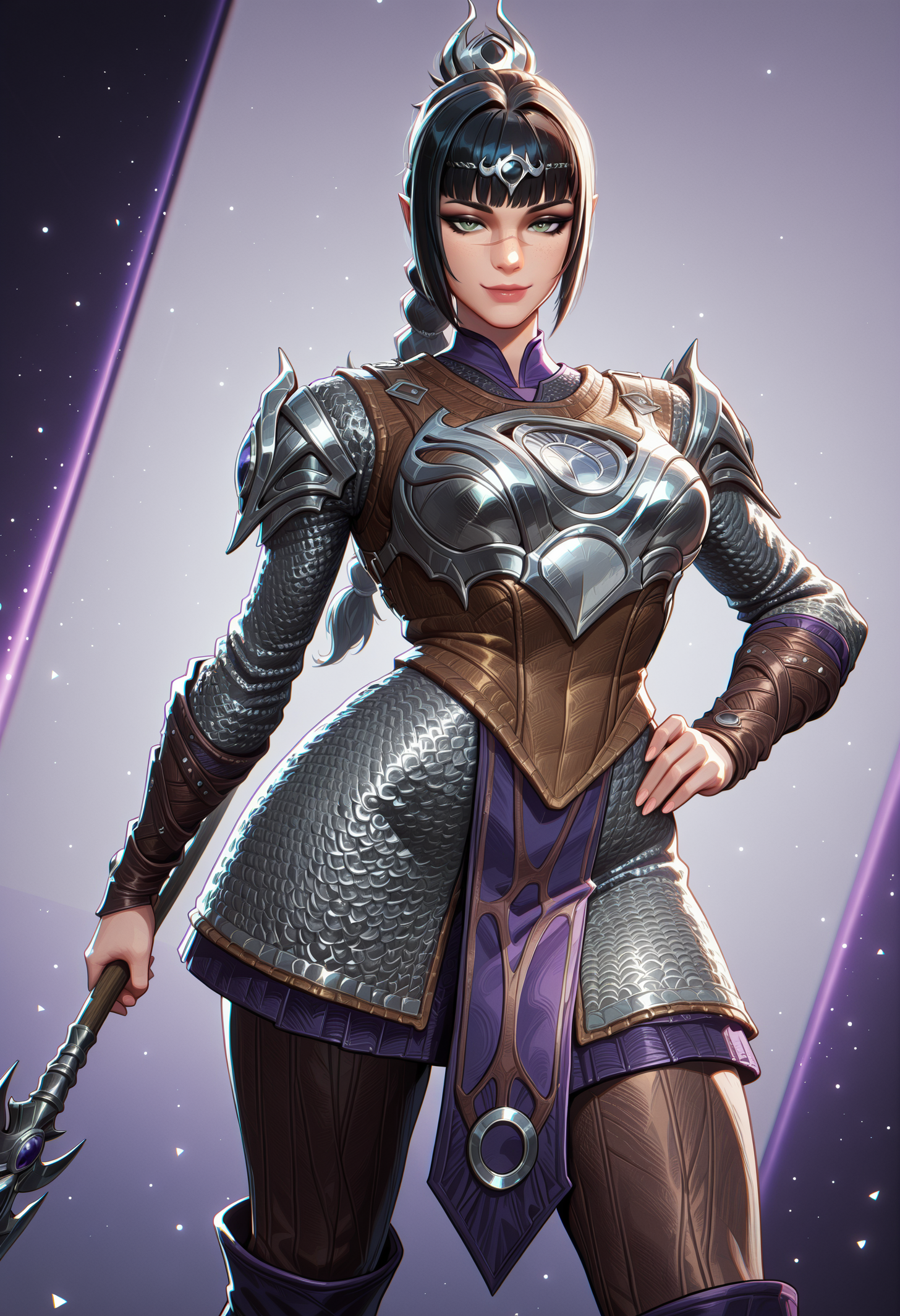 (EyesHD:1.2), masterpiece, best quality, amazing quality, highres, absurdres, very aesthetic, very awa, western, MarvelRivals, semi realistic, cartoon, shiny skin, skindentation,, 1girl, solo, shadef, green eyes, black eyeliner, freckles, pointy ears, long hair, hair ornament, high ponytail, braided ponytail, medium breasts, scar on nose, black hair, blunt bangs, sidelocks, grey diadem, 
BREAK,
shaarm, silver breastplate, brown gambeson, chainmail armor, silver pauldrons, brown vambraces, chainmail skirt, purple trim skirt, violet loincloth, violet undershirt, brown leggings, knee boots, purple boots, brown shoes,, looking at viewer, seductive smile, hand on hip, holding spear, 
BREAK,
cowboy shot, dutch angle, simple background, multicolored background,, raytracing, hyper detailed, volumetric lighting, lazypos, intricate details, (depth of field:1.05), (dark shadows:0.9), (high contrast:0.9), <lora:Shadowheart-NoobAi-1.1_V2-Manityro-CAME:0.8000000000000002> <lora:AMarvelRivals_style-06:0.7000000000000002> <lora:Eyes_High_Definition-000007:1.0000000000000002> <lora:spo_sdxl_10ep_4k-data_lora_webui:0.30000000000000004>