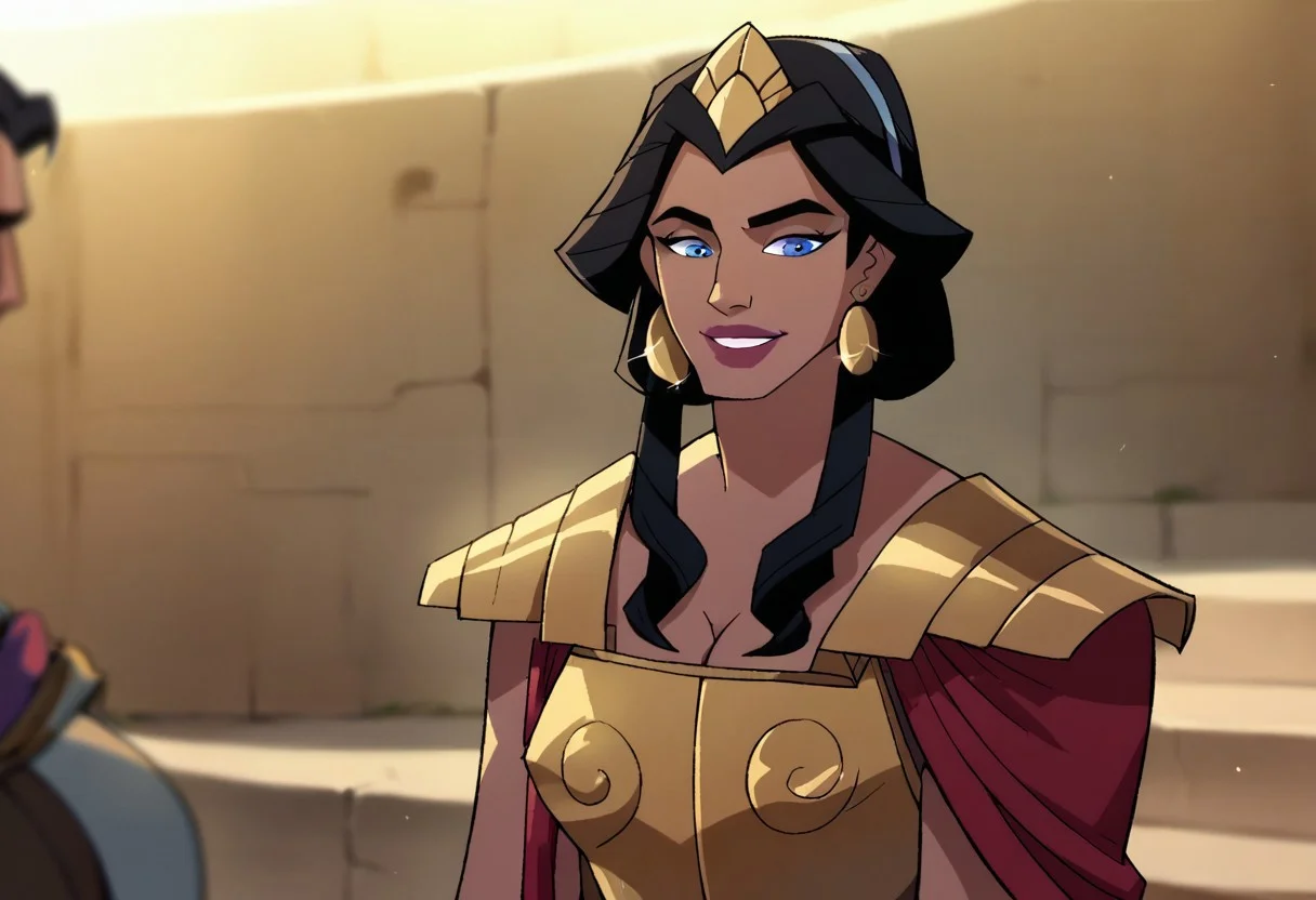 score_9, score_8_up, score_7_up, hippolyta, long hair, blue eyes, black hair, makeup, lipstick, armor, jewelry, earrings, greek dress, cleavage, smile