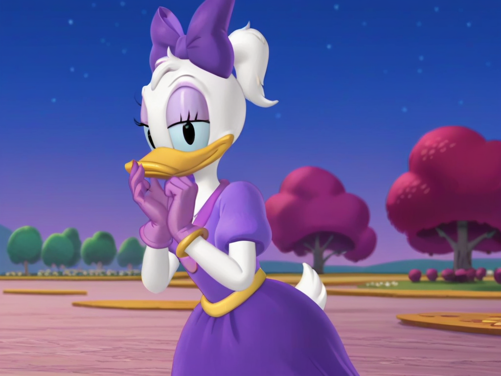 Score_9, score_8_up, score_7_up, score_6_up, BREAK,
screencap, outdoors, night, starry sky, tree
<lora:Daisy_duck_Clubhouse:0.9> daisy duck clubhouse, black eyes, furry female, duck beak, eyeshadow, purple bow, short ponytail, purple dress, puffy short sleeves, gloves, hand on own face, upper body, looking at viewer, seductive smile, half-closed eyes