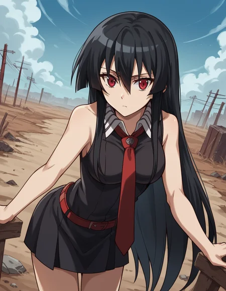 score_9, score_8_up, score_7_up, source_anime,
agkakame, <lora:agk-akame-s1-ponyxl-lora-nochekaiser:1>,
akame, long hair, black hair, red eyes, hair between eyes,
skirt, dress, necktie, sleeveless, belt, shirt, black shirt, collared shirt, red necktie, black skirt,
outdoors, wasteland, bent over,
cowboy shot, solo, dutch angle, looking at viewer,