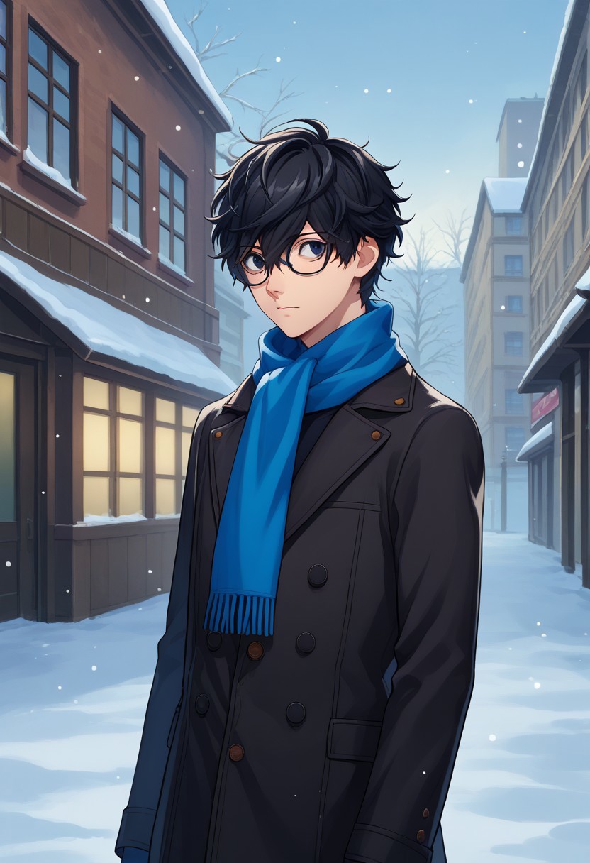 score_9, score_7_up, source_anime 
1boy, 1boy, male focus, solo, black eyes, glasses, black hair, hair between eyes, short hair, scarf, blue scarf, coat, jacket, black jacket,
outdoor, winter