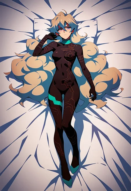 score_9,score_8_up,score_7_up,source_anime, Nia Teppelin (Antispiral),1girl,solo,breasts,looking at viewer,medium breasts,full body,lying,on back,symbol-shaped pupils,bodysuit,bed sheet,dakimakura \(medium\),black bodysuit,cross-shaped pupils,