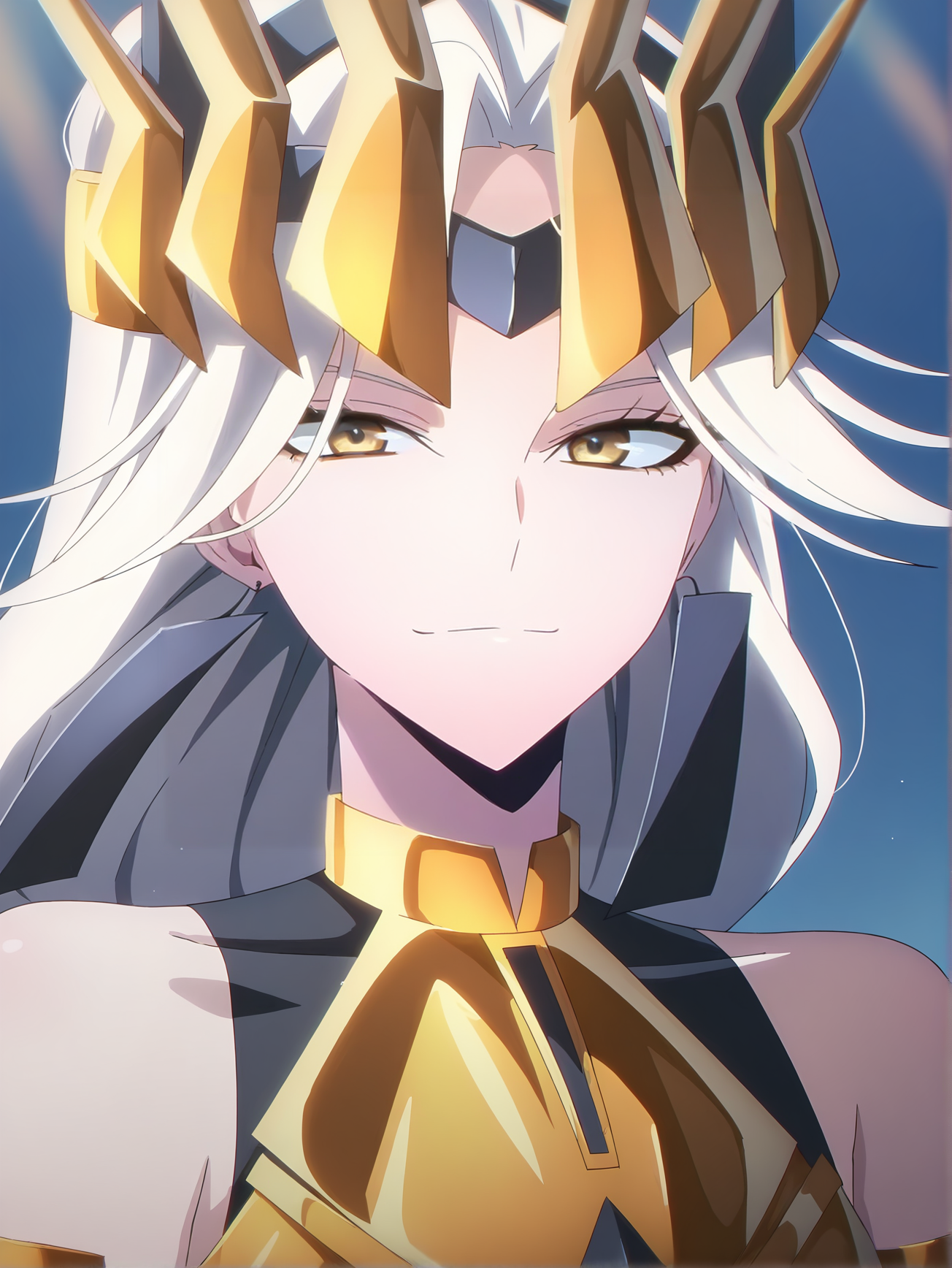 <lora:Queen:0.8>queen, 1girl, solo, white long braided hair, yellow eyes, black hanafuda earrings, gold crown, gold armor, bare shoulders, gold armored arms, smiling with eyes, smug, proud, satisfied, content, smile, closed mouth, looking at viewer, blue sky, minimal background, portrait, cinematic lighting