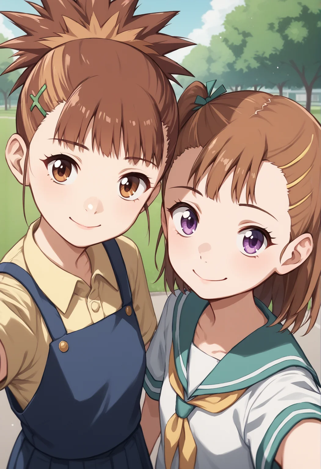 2girls, rika, Two-Tone Hair, multicolored hair, medium hair, blonde hair, brown hair, purple eyes, ponytail, juri, long hair, brown hair, one_side_up, brown eyes, serafuku, outdoors, park, looking at viewer, selfie, smile <lora:RukiJuri:1>, score_9, score_8_up, score_7_up, score_6_up, score_5_up, score_4_up, BREAK source_anime, masterpiece