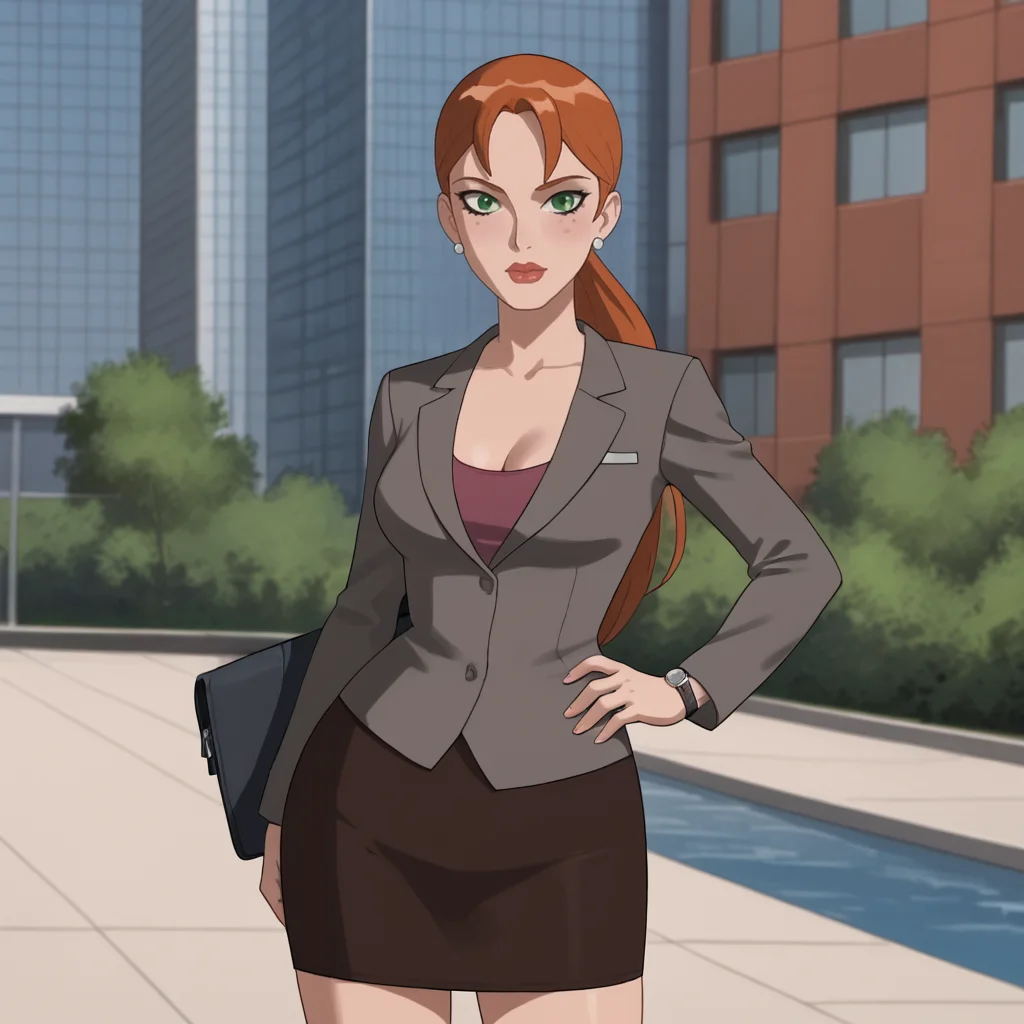 <lora:pepperpottsemh_pony_v1:.7> pepperpottemh, 1girl, pencil skirt, green eyes, earrings, jewelry, ponytail, long hair, office lady, jacket, lipstick, suit, brown hair