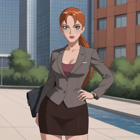 <lora:pepperpottsemh_pony_v1:.7> pepperpottemh, 1girl, pencil skirt, green eyes, earrings, jewelry, ponytail, long hair, office lady, jacket, lipstick, suit, brown hair