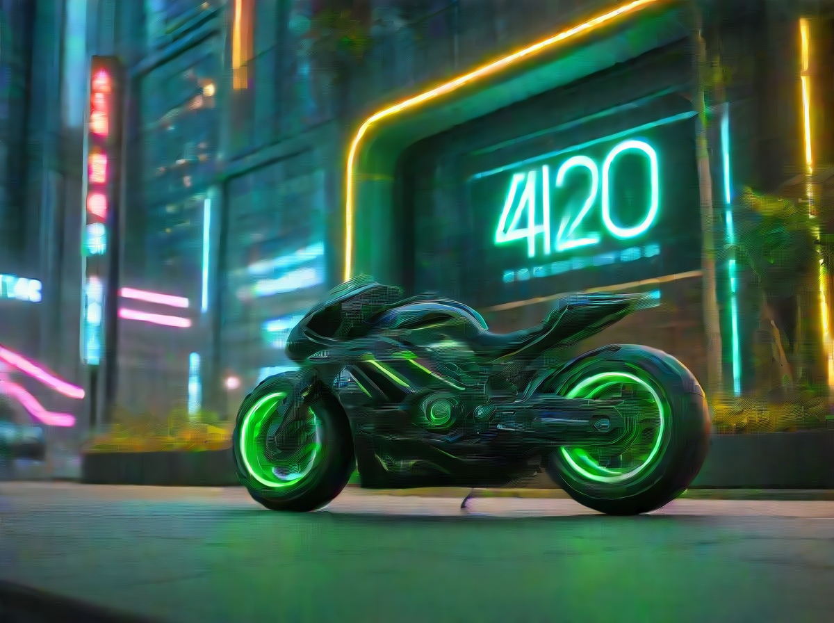 masterpiece,high quality,
420futurism,    <lora:420FuturismXL:0.8>
motorbike, no humans, ground vehicle, , motor vehicle, scenery, outdoors, building, vehicle focus, night, tree, "420" text,futuristic,cyberpunk.neon light