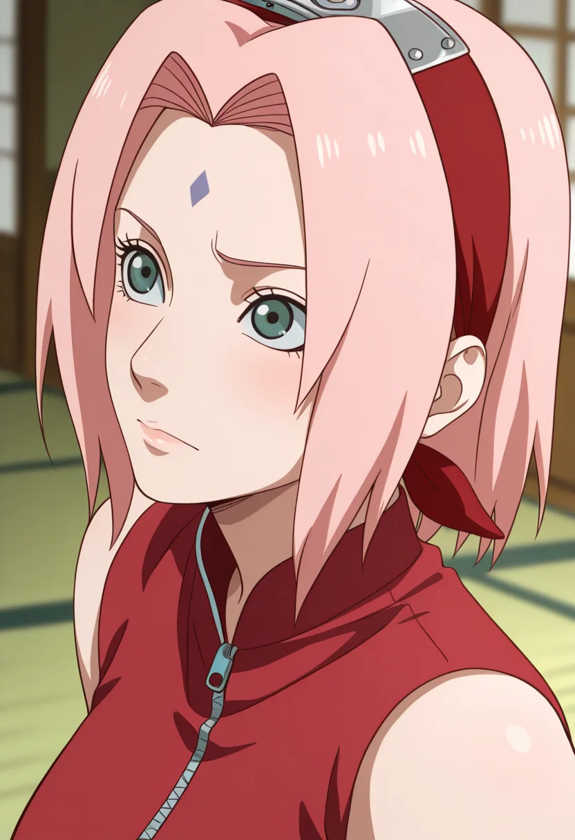masterpiece, best quality, amazing quality, very aesthetic, absurdres, best quality, newest, ultra-detailed,
4k, depth of field, gradual blur, blurry background,
 <lora:Babu_v2:1> babu_style
1women, haruno sakura, milf, 40 years old, 120mm,
closed mouth,
green eyes,
hairband,
looking up,
pink hair,
portrait,
red hairband,
red shirt,
shirt,
sleeveless,
solo,
zipper,
zipper pull tab,