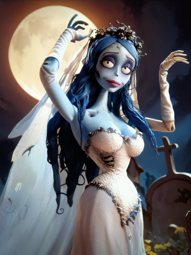 score_9, score_8_up, score_7_up, 1girl, arms up, looking at viewer, cowboy shot, detailed background, dynamic pose, dynamic angle, cute pose, graveyard, moon, night, from below, very sexy, naughty face,
<lora:EmilyXLP_character:1>, EmilyXLP, colored skin, blue skin, black eyes, long hair, makeup, blue hair, wedding dress, bridal veil, cleavage, narrow waist, cracked skin, monster girl, zombie, screencap, realistic