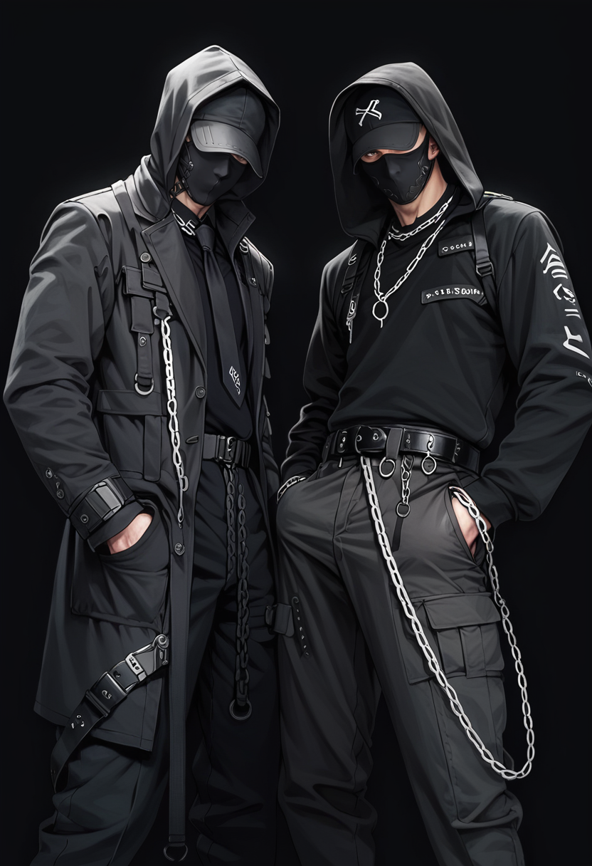 (score_9, score_8_up), score_7_up, zPDXL, dark_techwear, 2boys, gloves, long sleeves, standing, necktie, black gloves, belt, hood, black coat, black shirt, mask, chain, black necktie, black dress shirt, hood up, hand in pocket, black coat, black background, simple background, <lora:dark_techwear-000016:0.9>