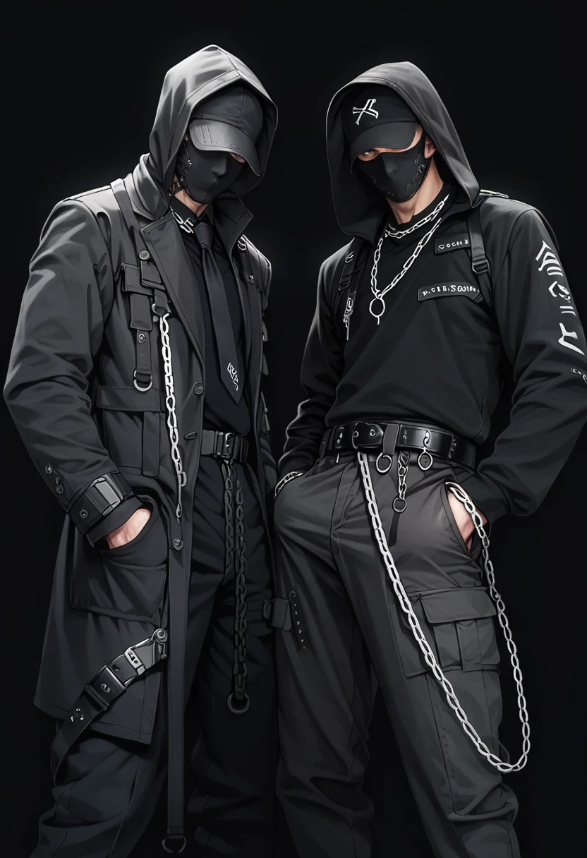 (score_9, score_8_up), score_7_up, zPDXL, dark_techwear, 2boys, gloves, long sleeves, standing, necktie, black gloves, belt, hood, black coat, black shirt, mask, chain, black necktie, black dress shirt, hood up, hand in pocket, black coat, black background, simple background, <lora:dark_techwear-000016:0.9>