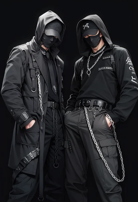 (score_9, score_8_up), score_7_up, zPDXL, dark_techwear, 2boys, gloves, long sleeves, standing, necktie, black gloves, belt, hood, black coat, black shirt, mask, chain, black necktie, black dress shirt, hood up, hand in pocket, black coat, black background, simple background, <lora:dark_techwear-000016:0.9>