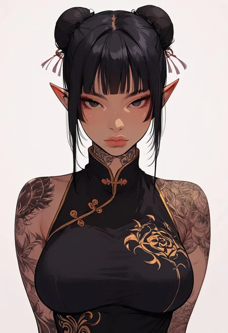score_9, score_8_up, score_7_up, high detailed, high quality, masterpiece, no text, quality highlights, 8k detail, detailed background, source_anime, dynamic view, hentai, ultra-detailed,
...
1girl, solo, female focus, expressiveh, (young),
(black hair), (black eyes), (medium hair), ((high bun))
(perfect slender body), (pointy ears), bangs,
large breasts,
closed mouth, thick lips,
(incredibly sexy), sexy pose, pose, ((tattoos)),
...
(((black Qipao))),
eyes wide, looking at viewer, standing,
hands behind back, upper body,
...
((white background))