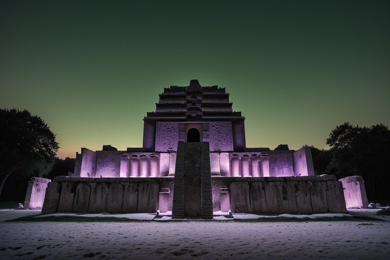 (tall ancient stone towers; 1.39) (babylonian ziggurat temple complex emerging from landscape: 1.39) raw photo, moonlight, night photography, high exposure, tropical mountain jungle, Tall Mesa,  cozy, photorealistic, high detailed texture, 8k uhd, dslr, soft lighting, high quality, film grain, (Fujifilm XT3, Sony A7 IV: 1.19), highly detailed photography, (muted colors, cinematic, dim colors, soothing tones:1.2), vibrant, insanely detailed, hyperdetailed, (dark shot:1.2), (vsco:0.3), (intricate details:0.9), (hdr, hyperdetailed:1.2) (highest coherency: 1.39) (highest quality: 1.39) (rule of Thirds) (award winning) (breathtaking) (masterclass) (vibrant color: 0.79) (distant snowcapped peaks) (purple-green glow: 1.49) (evil temple: 1.19)
