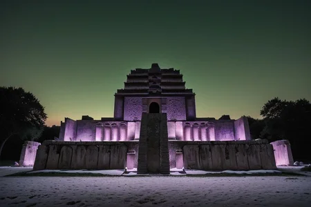 (tall ancient stone towers; 1.39) (babylonian ziggurat temple complex emerging from landscape: 1.39) raw photo, moonlight, night photography, high exposure, tropical mountain jungle, Tall Mesa, cozy, photorealistic, high detailed texture, 8k uhd, dslr, soft lighting, high quality, film grain, (Fujifilm XT3, Sony A7 IV: 1.19), highly detailed photography, (muted colors, cinematic, dim colors, soothing tones:1.2), vibrant, insanely detailed, hyperdetailed, (dark shot:1.2), (vsco:0.3), (intricate details:0.9), (hdr, hyperdetailed:1.2) (highest coherency: 1.39) (highest quality: 1.39) (rule of Thirds) (award winning) (breathtaking) (masterclass) (vibrant color: 0.79) (distant snowcapped peaks) (purple-green glow: 1.49) (evil temple: 1.19)