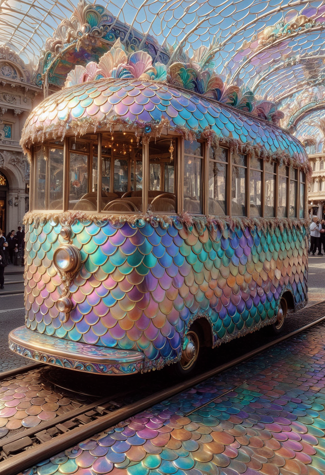 catalog shot of Decorated Trolley, 70mm lens, f/5,6, neutral background, clear focus on attire made out of iridescent scales, <lora:PinkieIriSclsSDXL-v1:1>, p1nk1r1sc4l3s,