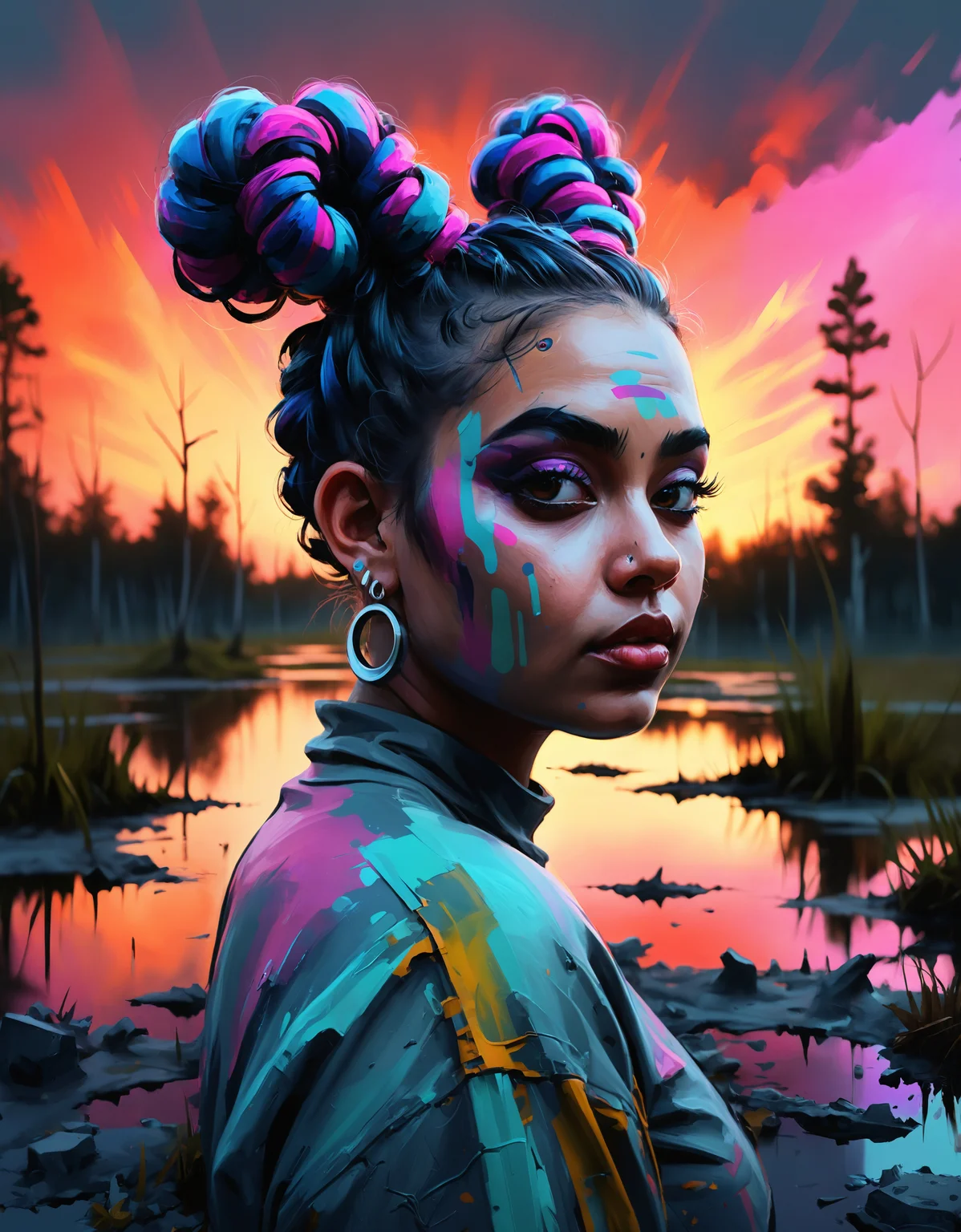 zavy-rghpnt, medium shot of a thicc (Farida:1.2) , Farida is Artistic, Space buns hairstyle, background is Swamp, at Dusk, soft focus, energetic brushwork, Surreal digital illustrations, concrete, iconic portraits and reportage, Swedish landscapes, desaturated, American documentary photography, abstract, digital art, RAW photo, colorful, radiant, dramatic, great light, vivid colors